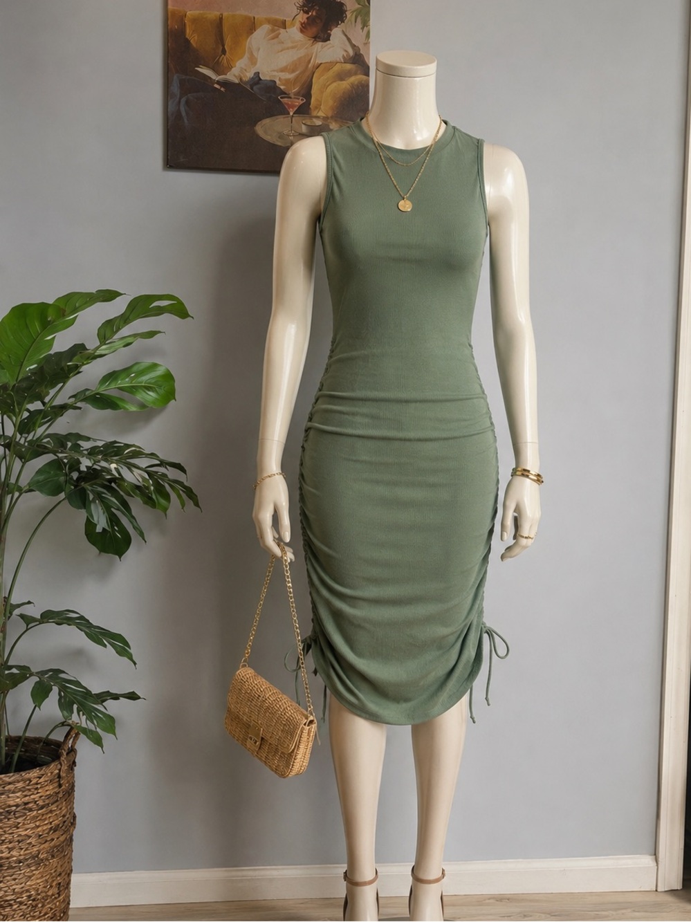 Sleeveless Ruched Midi Dress in Sage Green